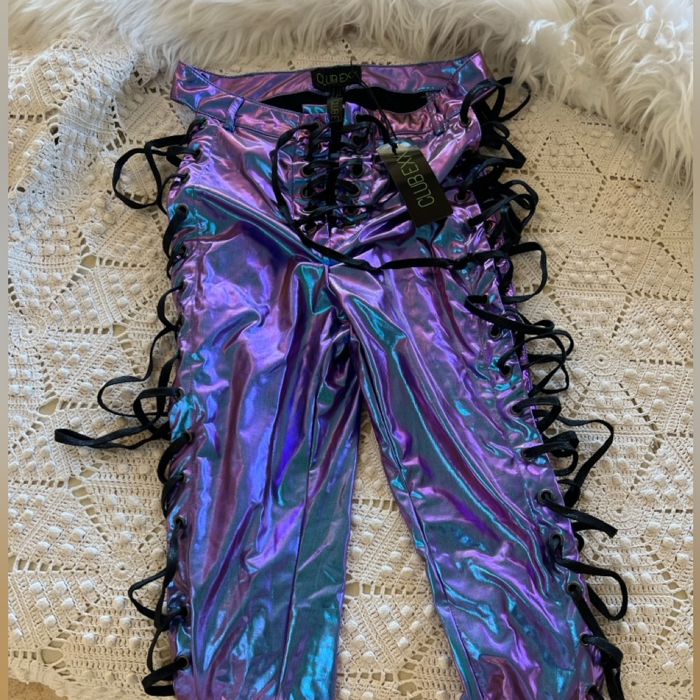 Club Exx Purple Holographic Lace-Up Pants